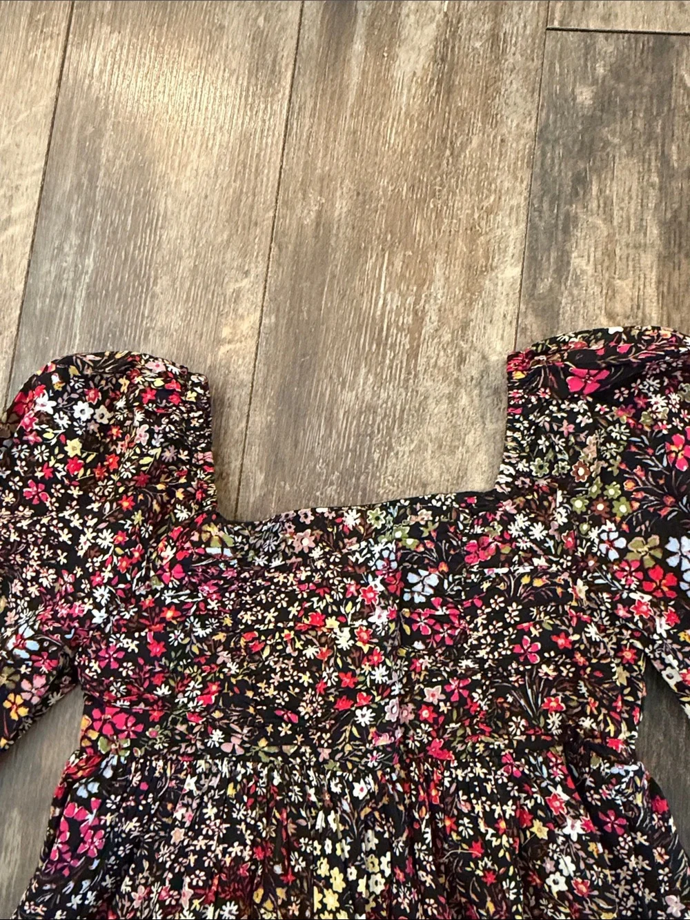 GAP Black Floral Long-Sleeve Smocked Dress